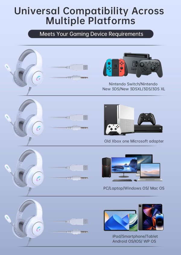 CM7002 Gaming Headset for PS5, PS4, PC, Mac, Switch, Xbox Series, Surround Sound RGB Gaming Headphones with Noise Canceling Microphone, 50MM Dynamic Drivers, 3.5MM Audio Jack, Light White - Image 7