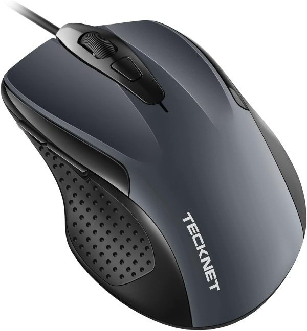 TECKNET USB Wired Mouse, 6-Button Corded Mouse with 2 Adjustable DPI, Optical Computer Mouse with Ergonomic Design and 5FT Cord for Laptop, Chromebook, PC, Desktop, Mac, Notebook-Grey