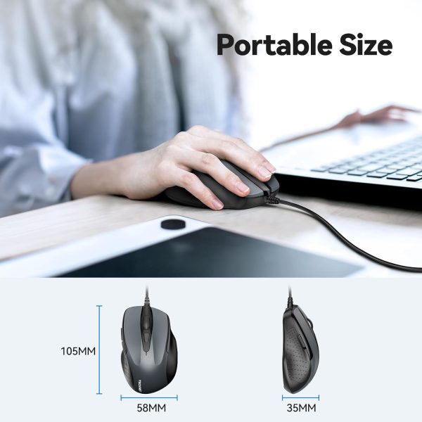 TECKNET USB Wired Mouse, 6-Button Corded Mouse with 2 Adjustable DPI, Optical Computer Mouse with Ergonomic Design and 5FT Cord for Laptop, Chromebook, PC, Desktop, Mac, Notebook-Grey - Image 6
