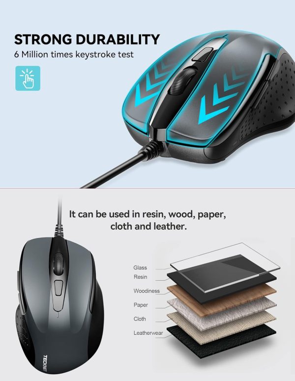 TECKNET USB Wired Mouse, 6-Button Corded Mouse with 2 Adjustable DPI, Optical Computer Mouse with Ergonomic Design and 5FT Cord for Laptop, Chromebook, PC, Desktop, Mac, Notebook-Grey - Image 7