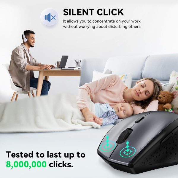TECKNET Wireless Mouse, 2.4G USB Computer Mouse with 6-Level Adjustable 4800 DPI, Silent Quiet Click，30 Months Battery, Ergonomic Grips, 6 Buttons Portable for PC, Chromebook, Mac - Grey - Image 3